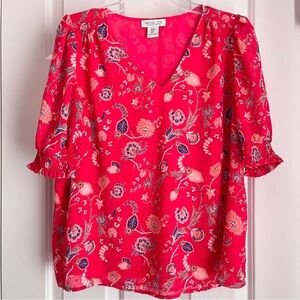 Rachel Zoe Pink Navy Blue Floral Lined Blouse Gathered Puff 3/4 Sleeves Size M